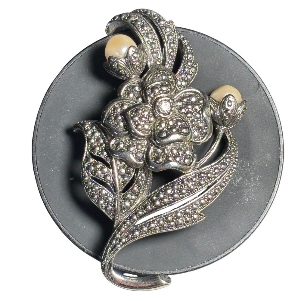 Vintage Brooch Silver K.J.L. for Avon Floral Faux Pearl Marcasite Style Pin